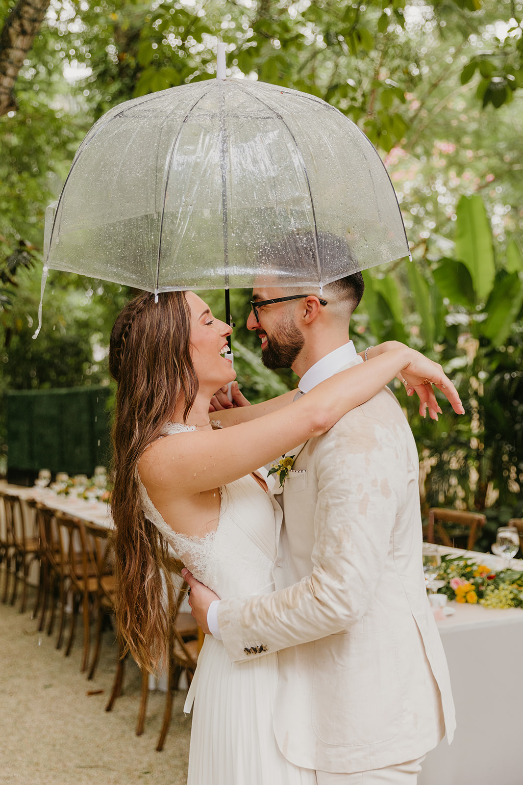Rainy Day Bride and Groom Garden Wedding
